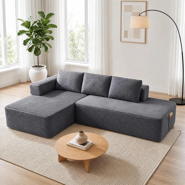 COMHOMA Ecksofa mit Schlaffunktion, 255cm Corduroy Modulares Boneless Couch mit Chaiselongue & Rücken-Metallgestell, L-Form Schlafsofa mit offenem Design, Kissen & Seitentaschen,für Wohnzimmer, Gris-R – Bild 2