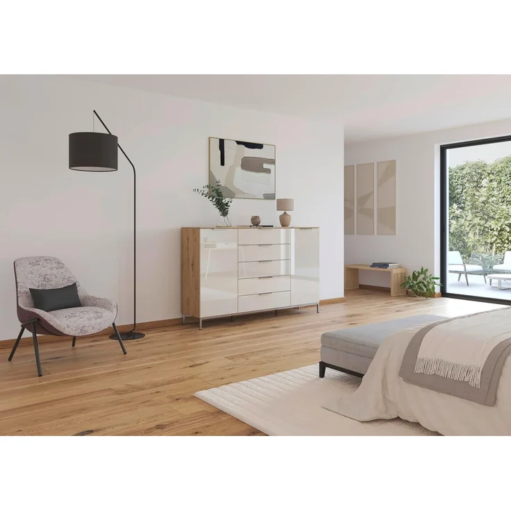 Rauch Möbel Flipp, Nachttisch für Schlafzimmer, Flur, Garderobe, 2-türig, 5 Schubladen, mit Softclose-Funktion, Griffe und Metallkufe Chrom, Farbe Eiche Artisan, Holz/Glas Beige, Breite 180 cm – Bild 2