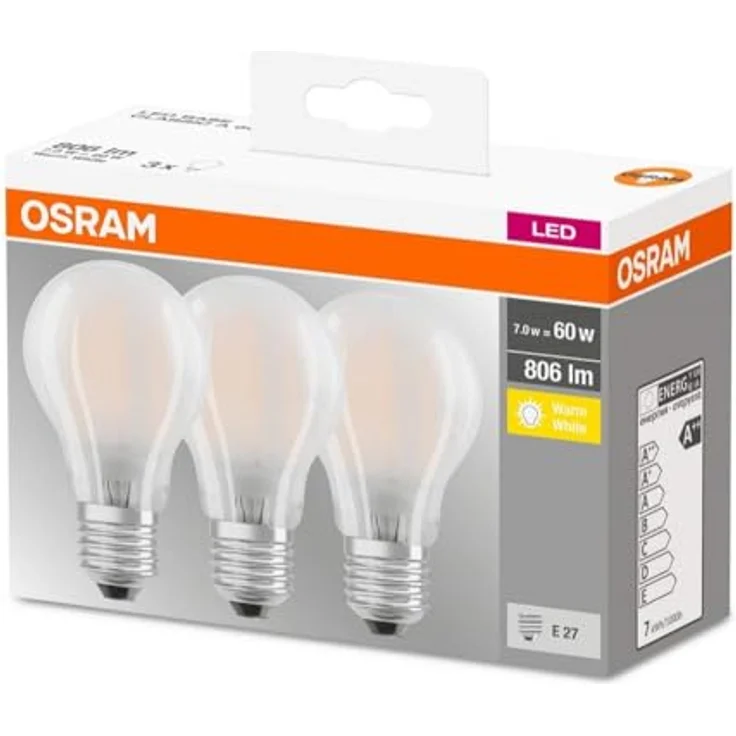 Osram LED Base Classic A, in Kolbenform mit E27-Sockel, Nicht Dimmbar, Ersetzt 60 Watt, Matt, Warmweiß - 2700 Kelvin, 3er-Pack – Bild 5