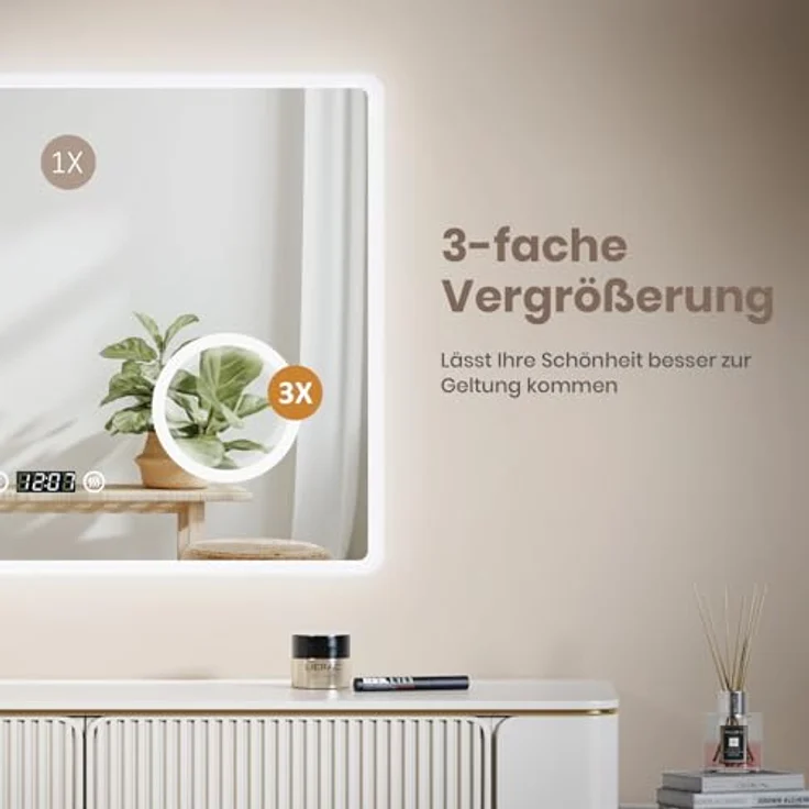 EMKE LED Badspiegel 80x60cm Uhr Beschlagfrei Kaltweißes Licht 3-fache Vergrößerung Touch – Bild 5
