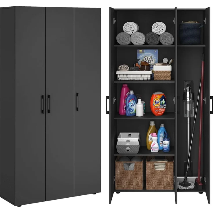 Bellamio Apol Mehrzweckschrank schwarz – Besenschrank 90 cm breit mit Stauraum – Putzschrank mit Staubsaugerfach – Vorratsschrank Küche - Aktenschrank Holz – Flurschrank Aufbewahrungsschrank