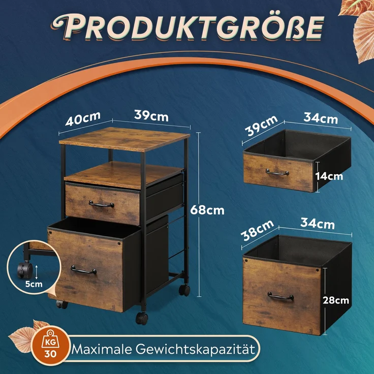 DEVAISE mobiler Bürocontainer, zwei textilbezogene Schubladen sowie offenes Fach, bremsbare Rollen, geeignet für A4-Dokumente, vintagebraun--Braun--68x40x39cm--YOUDENOVA – Bild 3