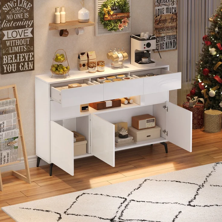Abrihome Sideboard mit Stauraum und LED, Weiß, 94x30x140 cm – Bild 2