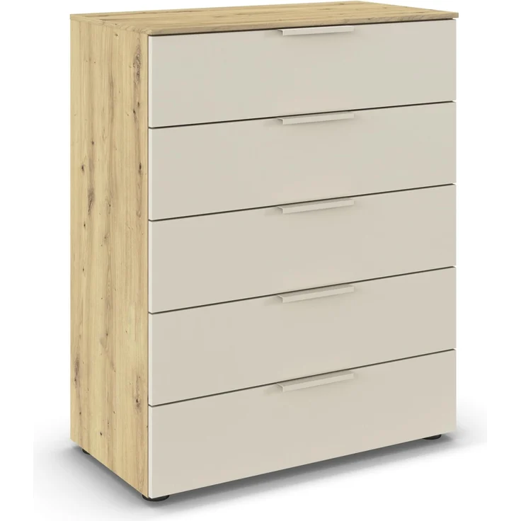 Rauch Möbel Flipp, Kommode für Schlafzimmer, Kinderzimmer, Wohnzimmer, Jugendzimmer, Flur, Garderobe, 5 Schubladen, mit Softclose Funktion, Farbe Eiche Artisan, Holz/Beige, Breite 80 cm