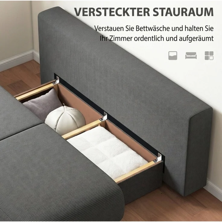 Schlafsofa mit Bettfunktion & Stauraum, Cordbezug, 188x100x84 cm, Grau – Bild 7