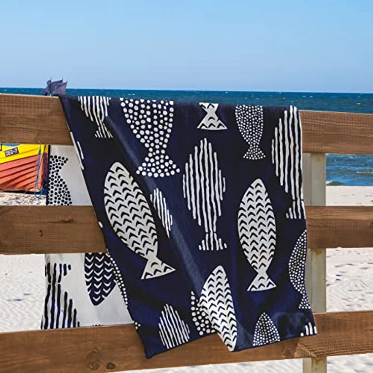 DecoKing Strandtuch groß 90x180 cm Baumwolle Frottee Velours Badetuch blau weiß Fish – Bild 5
