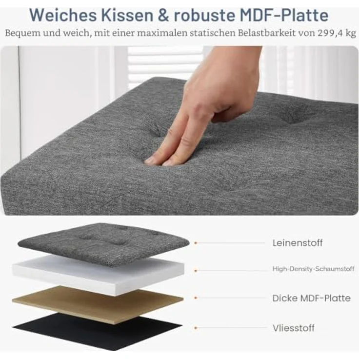 DUMOS 109cm Aufbewahrungs-Hockerbank, Aufbewahrungsbox, Bettfußbank mit gepolstertem Sitz, Schlafzimmerbank für Wohnzimmer, Tragkraft 300kg, Grau – Bild 6