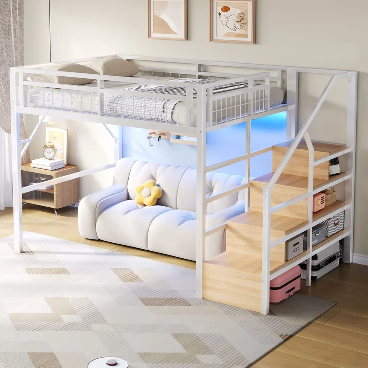 U-life Hochbett 140x200 cm, Eisenrahmen, LED-Beleuchtung, Treppenkonstruktionen, Freier, Metall, Weiß – Bild 8