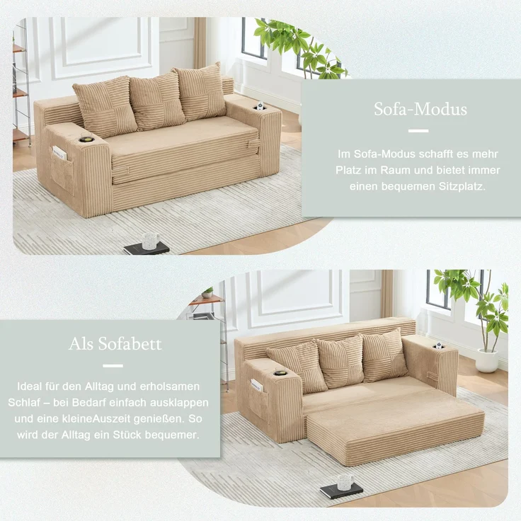 EINHOM Dreier-Sofa aus Baumwoll- und Leinenstoff, mit Getränkehalter und seitlichen Taschen, kann in drei Sitzplätze umgewandelt werden, rahmenloser Design mit gestrickten Kissen und Rückenlehne, großes Sitz – Bild 3
