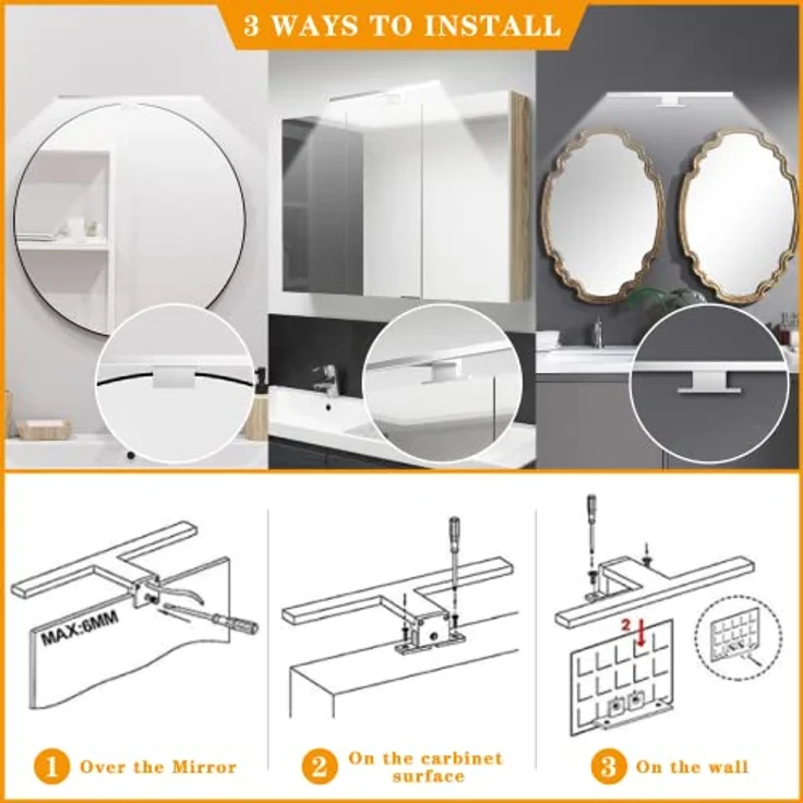 Aourow 30CM LED Spiegelleuchte 5W 500 Lumen,Badezimmer Spiegellampe Kaltweiß 6000K,Badleuchte Edelstahl IP44 Wasserdicht für Spiegel,Kein Flimmern Schrankleuchte 230V für Das Bad – Bild 4