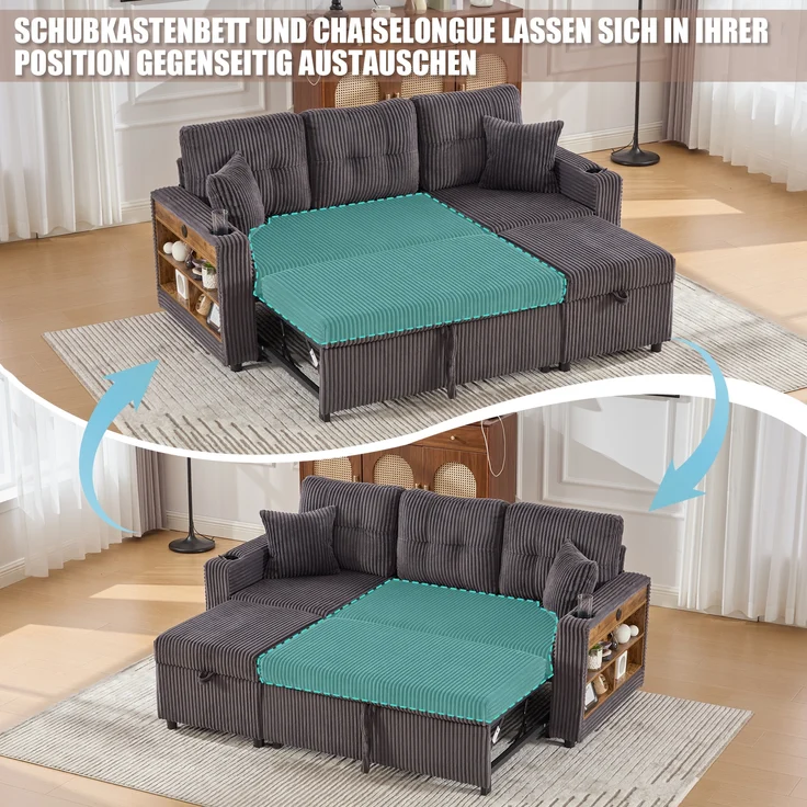 LVHOM Schlafsofa mit LED & USB, Ecksofa mit Ablagefächern, Schublade und Becherhaltern, Schlafcouch aus Cordstoff, frei Kombination, 196x144x85 cm – Bild 4