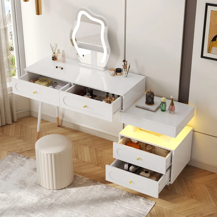 Abrihome Schminktisch mit LED, Weiß, 130x40x140 cm – Bild 6