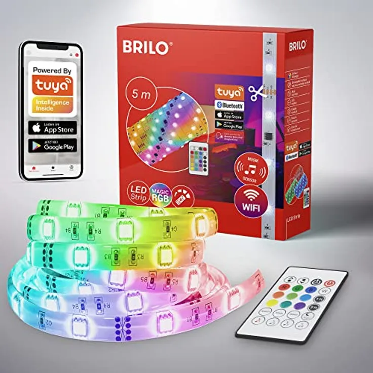 BRILONER Leuchten - RGBIC LED Strip 5m, Magic RGBIC Lichtband kürzbar, App-Steuerung, Fernbedienung, Musiksensor, Sprachgesteuert, LED Band, Leiste, Streifen, Weiß, 2313-150
