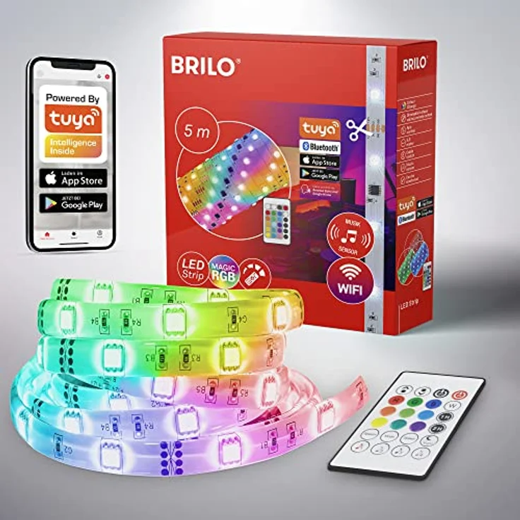 BRILONER Leuchten - RGBIC LED Strip 5m, Magic RGBIC Lichtband kürzbar, App-Steuerung, Fernbedienung, Musiksensor, Sprachgesteuert, LED Band, Leiste, Streifen, Weiß, 2313-150 – Bild 1
