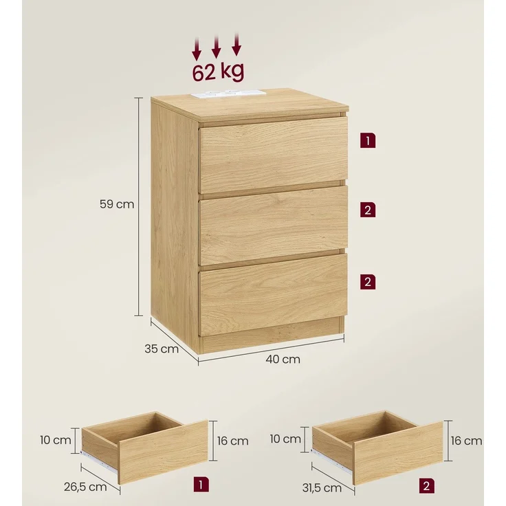 VASAGLE Nachttisch mit Steckdosenleiste, 2er Set, Beistelltisch, 3 Schubladen, 2 AC-Steckdosen, 2 USB-A-Anschlüsse, Wohnzimmer, Schlafzimmer, Arbeitszimmer, modern, strohgelb LETDE831Y70 – Bild 5