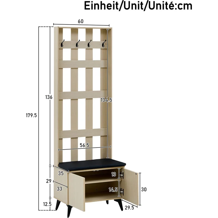 Garderobe mit Sitzbank, B 60 x T 35 x H 179,5 cm, MDF in heller Holzoptik und schwarzen Stahlbeinen – Bild 5