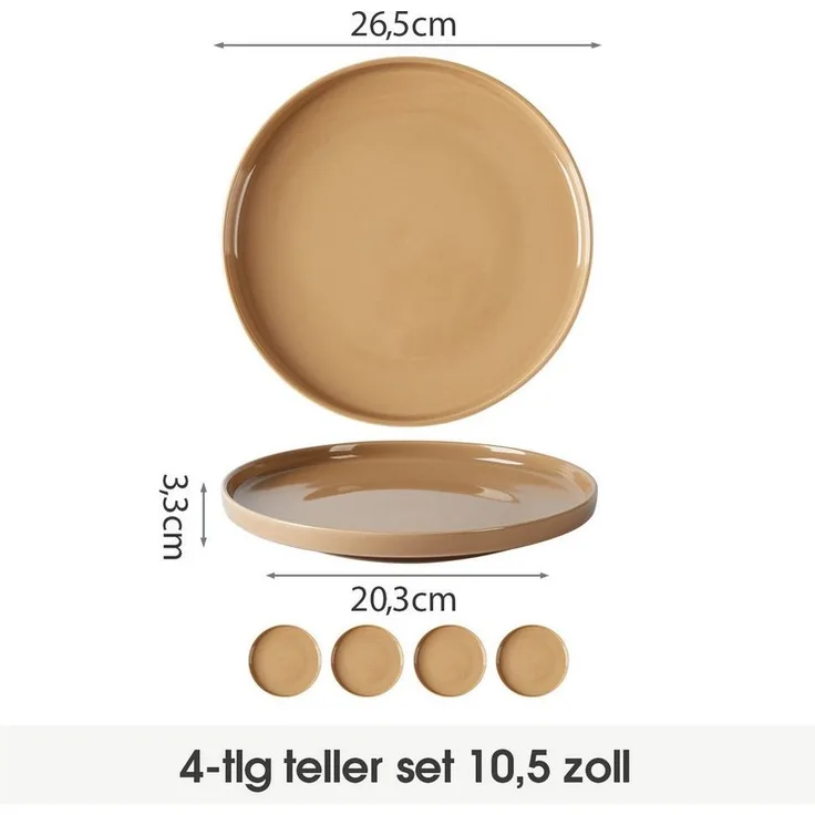 JIWOO Teller 4er Ø25cm, Frühstücksteller Salatteller Steakteller Dessertteller, (4 St), Keramik Tellerset Braun Mikrowellen spülmaschinenfest Ø26,5 cm