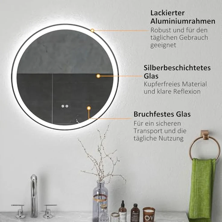 Kleankin Spiegel Badezimmerspiegel, Badspiegel mit LED Beleuchtung (60 cm Leuchtspiegel mit Touch-Funktion, 1-St, Memory-Funktion), Wandspiegel mit Alurahmen – Bild 7