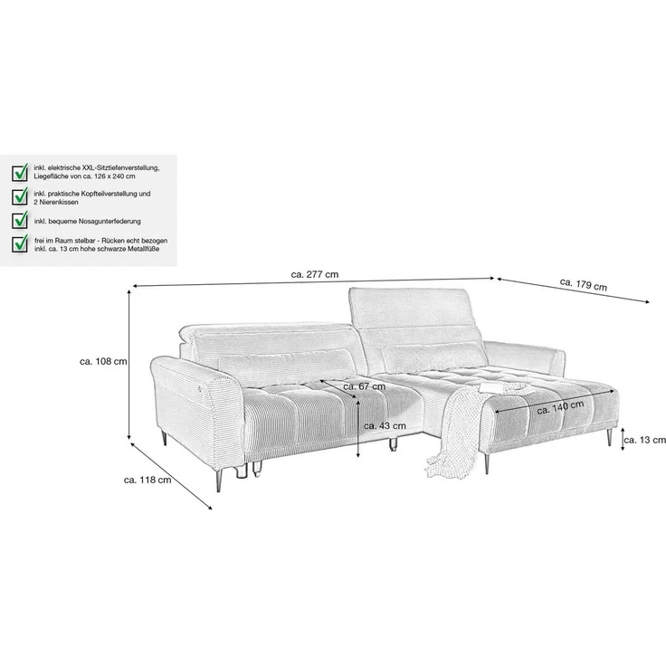 Massivart® Ecksofa Cord 277 cm / Cordsofa LOGAN / Sitztiefenverstellung / Nosagfederung, Kopfteilverstellung · Rücken echt bezogen · 2 Nierenkissen – Bild 3