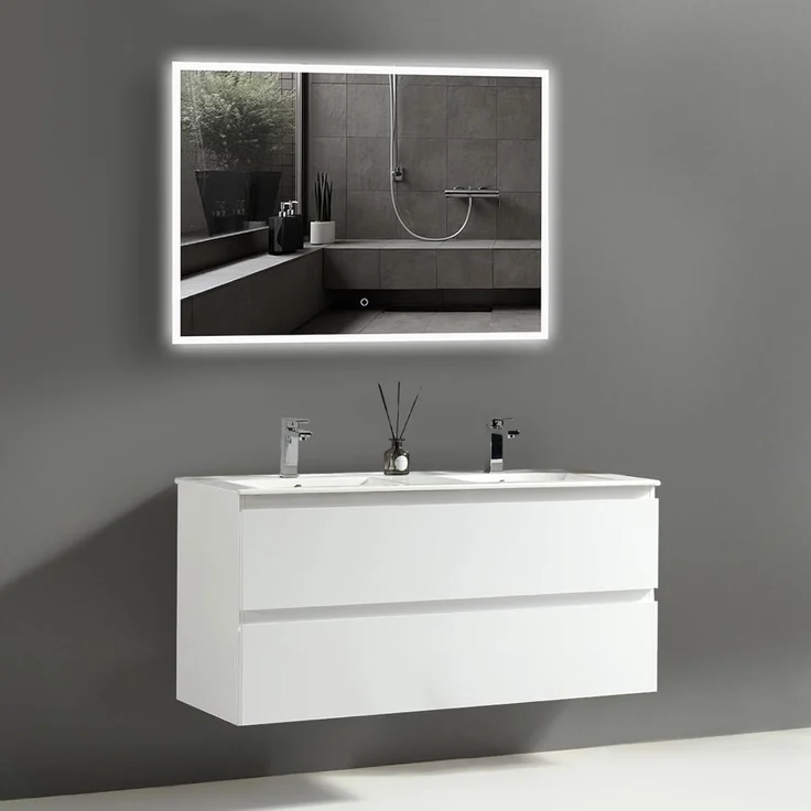 Alpenberger Badezimmer-Set Badezimmer Möbel Badschrank, (Badezimmer Spiegel mit Led, Keramik Waschbecken mit Überlauf), Doppelwaschtisch 120 cm Breit - Weiß Glänzend