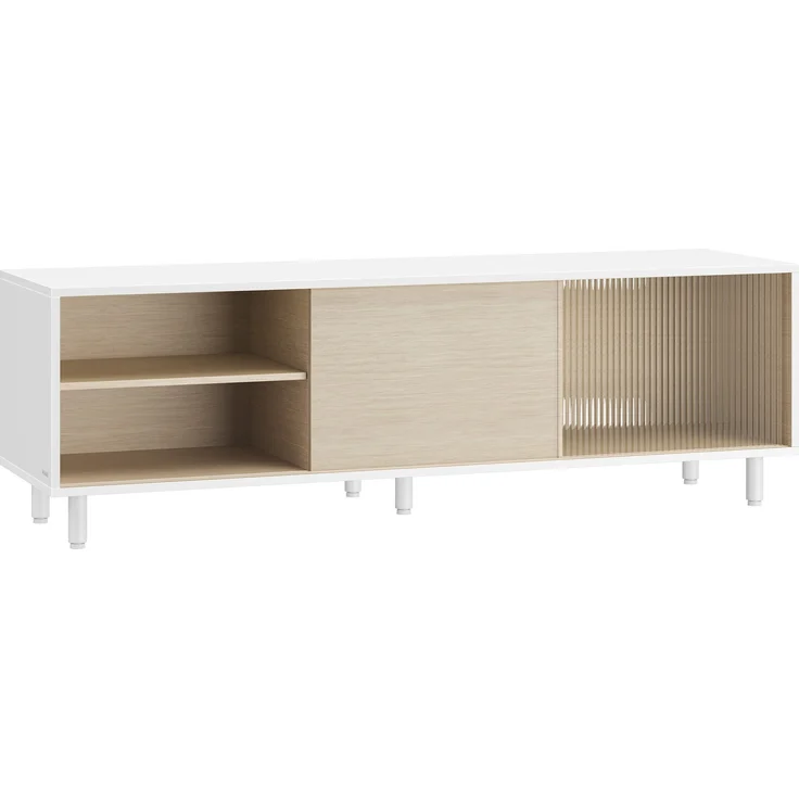 Vasagle TV-Schrank für Fernseher bis zu 60 Zoll, superschnelle Montage, Toolless-Technologie, Fernsehtisch Wohnzimmer, geriffeltes Glas modern, 140 x 39 x 45 cm, wolkenweiß-naturbeige – Bild 3