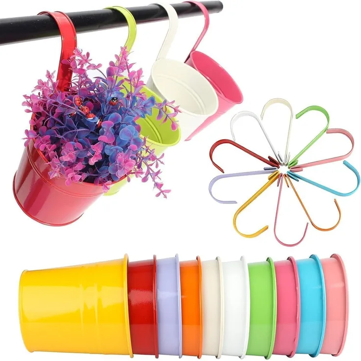 4 Stück KINGLAKE 27CM Metall Blumentöpfe zum Hängen- bunt, abnehmbarer Haken