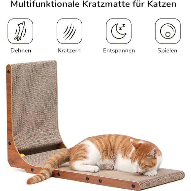 FUKUMARU Kratzbrett Katzen, 68 cm hoch L-förmige Kratzpappe aus vertikalem Karton, widerstandsfähig Katzenkratzbrett mit Ballspielzeug, Farbe Nussbaum – Bild 3