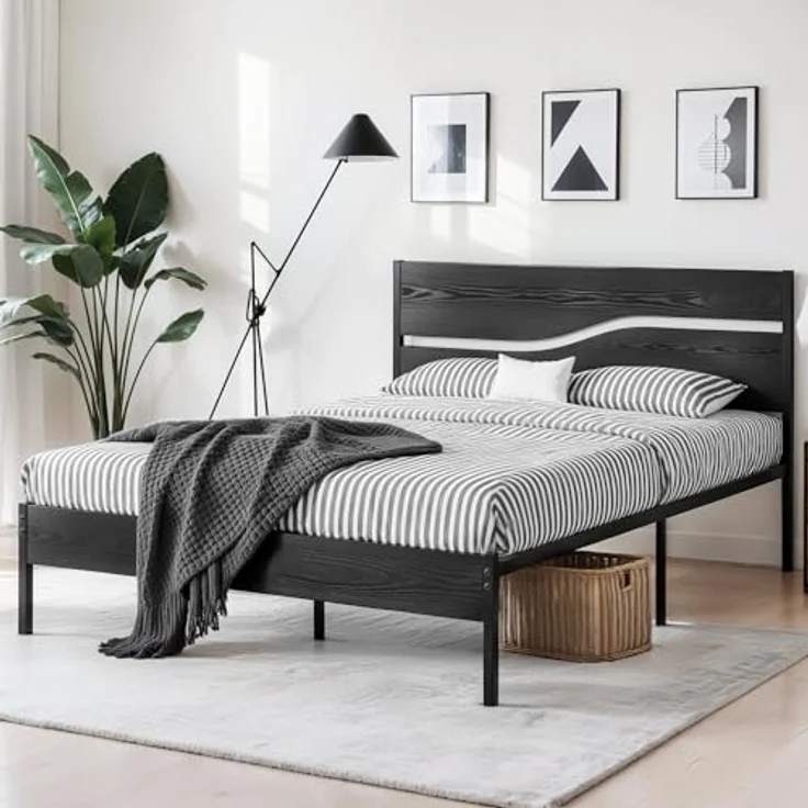 VECELO Bettgestell 140x200 cm, Metallbett mit Doppelschicht Holzkopfteil und Lattenrost, Modern Gästebett Jugendbett mit Stauraum Unter Dem Bett, Perfekt für Schlafzimmer, Schwarz – Bild 8
