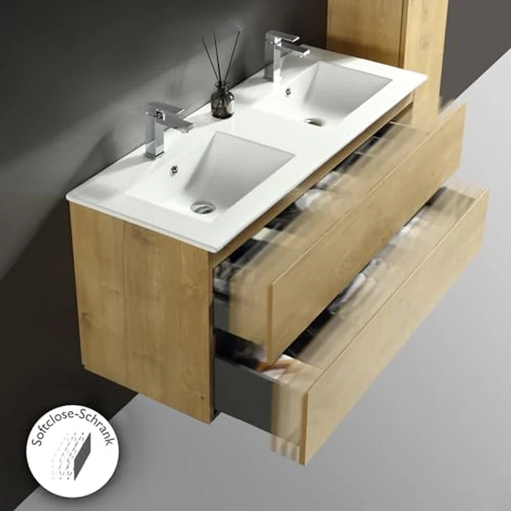 Alpenberger Badezimmer-Set Badezimmer Möbel Badschrank - Doppelwaschbecken mit Unterschrank, (Moderner Waschplatz, Keramik Waschbecken mit Überlauf), Doppelwaschtisch 120 cm Breit – Eiche Natur – Bild 8