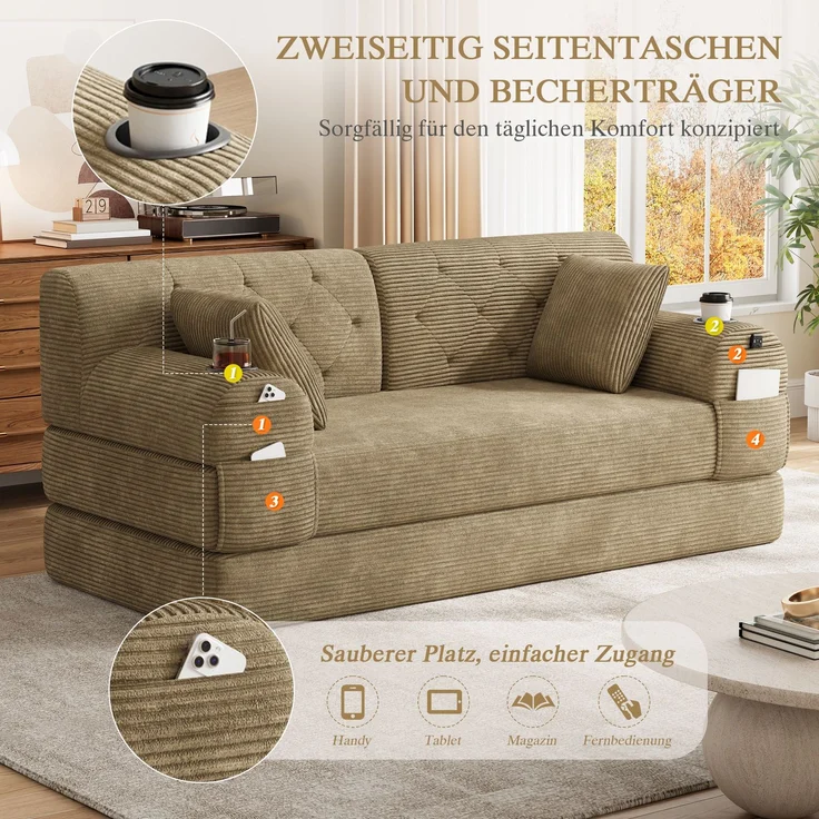 TavilaEcon 2-Sitzer Schlafsofa, komprimiertes Cord Sofa mit hoher Rückenlehne khaki 81 × 80 × 168 cm (H × T × B) – Bild 6