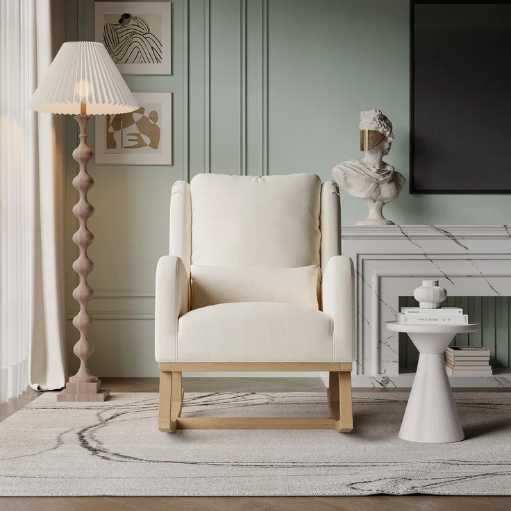 FUROKOY Schaukelstuhl Polster Relaxstuhl Leinen Schaukelsessel mit Holzsockel,2 Seitentaschen,1 Lendenkissen,Beige – Bild 2
