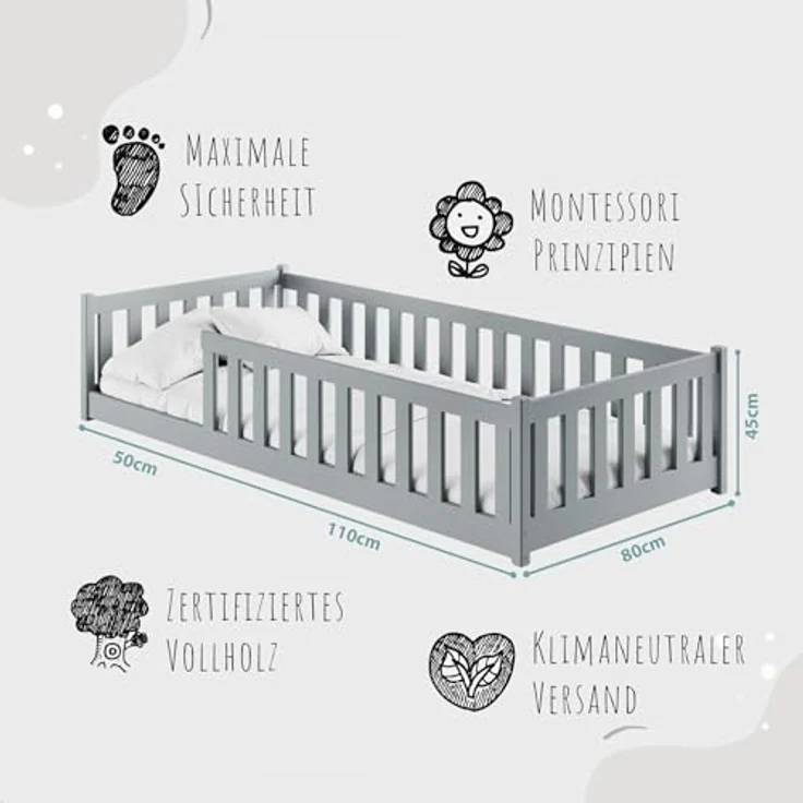 Kids Collective Kinderbett Bodenbett Bett mit Rausfallschutz & Lattenrost Montessori Bett Kinder (weitere Größen 80x180, 90x190, 90x200, 120x200, 140x200 cm), Jugendbett Einzelbett mit Matratze Aschgrau Kiefer 80x160 cm – Bild 3