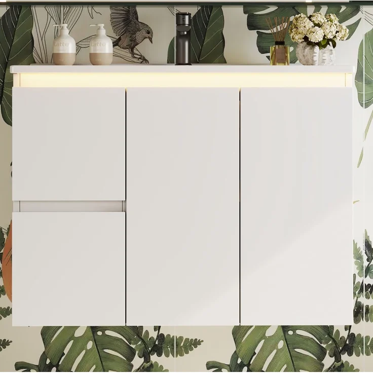 Waschtisch 76x47x57 cm, wandhängend, mit Keramikbecken und LED-Sensorbeleuchtung, Weiß – Bild 2