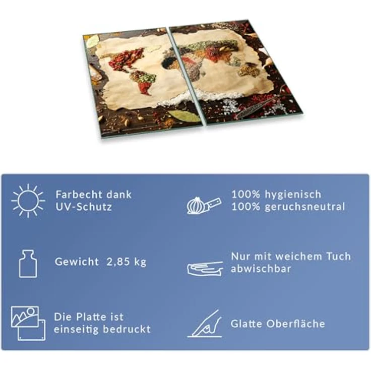 Herdabdeckplatte Abdeckung Ceranfeld Abdeckplatte Schneidebrett 2-Teilig 60x52 Gewürze Weltkarte Beige Spritzschutz Glasplatte Ceranfeldabdeckung Herdschutz Sicherheitsglas Glasschneidebrett 2x30x52 – Bild 7