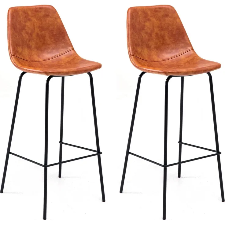 Happy Garden 2er Set Vintage-Barhocker Lucien Cognac - Sitzhöhe 75cm, Barhocker im Retro-Stil mit Rückenlehne und Fußstütze, Metallgestell