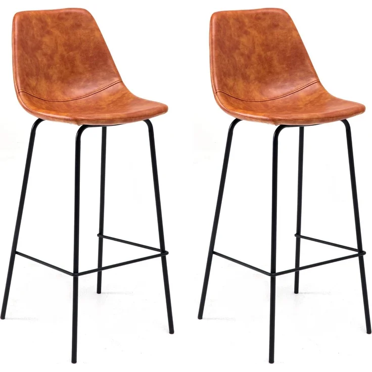 Happy Garden 2er Set Vintage-Barhocker Lucien Cognac - Sitzhöhe 75cm, Barhocker im Retro-Stil mit Rückenlehne und Fußstütze, Metallgestell