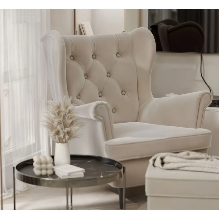Sessel Ohrensessel NINON inkl. Hocker in Stoff Trinity Beige – Bild 2
