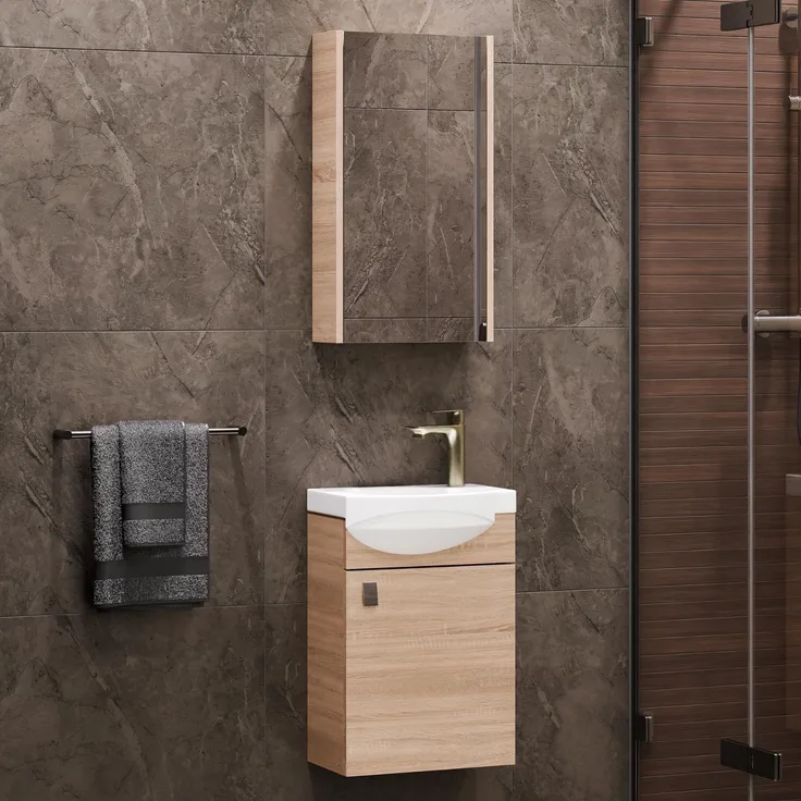 Planetmöbel Badmöbel Set Gäste WC Waschtischunterschrank Keramikwaschbecken Spiegelschrank Sonoma Eiche