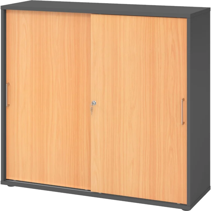 bümö Schiebetürenschrank 3OH - Aktenschrank abschließbar, Sideboard Schrank mit Schiebetüren in Graphit/Buche, Bügelgriff - Büroschrank aus Holz mit Schiebetür, Büro Kommode für Ordner & Co, 1753S-G-6-BS – Bild 1