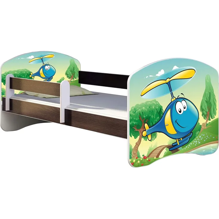 ACMA Kinderbett Jugendbett mit Einer Schublade und Matratze Wenge mit Rausfallschutz Lattenrost II 140x70 160x80 180x80 (35 Hubschrauber, 140x70)