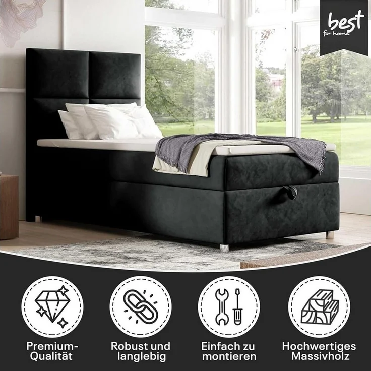 Best for Home Boxspringbett K2 SINGLE mit Bettkasten, Bonellmatratze & Komfort-Topper H3 (Einzelbett, Hotelbett, Polsterbett gepolstertes Kopfteil, Jugendbett, Kinderbett versch. Größen, 70x200 80x200 90x200 100x200 cm), verschiedene Liefermöglichkeite... – Bild 1