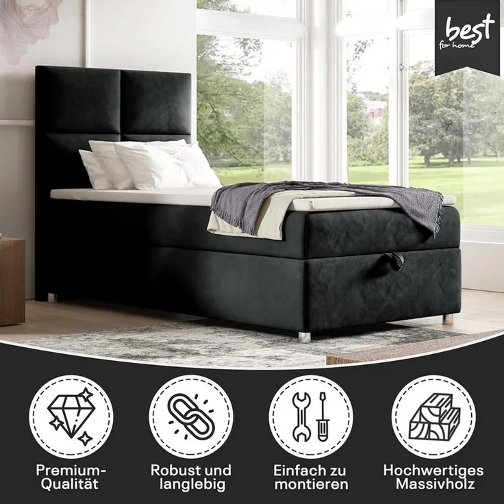 Best for Home Boxspringbett K2 SINGLE mit Bettkasten, Bonellmatratze & Komfort-Topper H3 (Einzelbett, Hotelbett, Polsterbett gepolstertes Kopfteil, Jugendbett, Kinderbett versch. Größen, 70x200 80x200 90x200 100x200 cm), verschiedene Liefermöglichkeite...