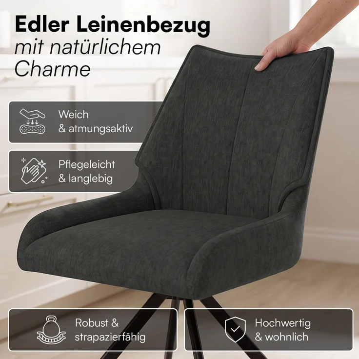 skølm 'Freyja' Esszimmerstühle, 2er Set, anthrazit, gepolsterter Leinenbezug, höhenverstellbar & drehbar, Polsterstühle mit Armlehnen – Bild 6