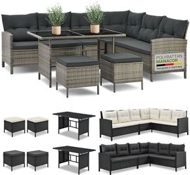 Juskys 'Manacor' Lounge mit Sofa, Tisch, 2 Hocker & Kissen, Polyrattan grau-meliert, 7 Personen