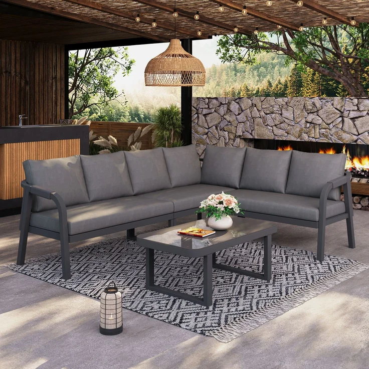 Merax Gartenmöbel-Set 6 Sitzer, Gartenlounge-Set Gartensofa mit Kissen und Tisch, Gartengarnitur Sofagarnitur Geflochten, Grau – Bild 3