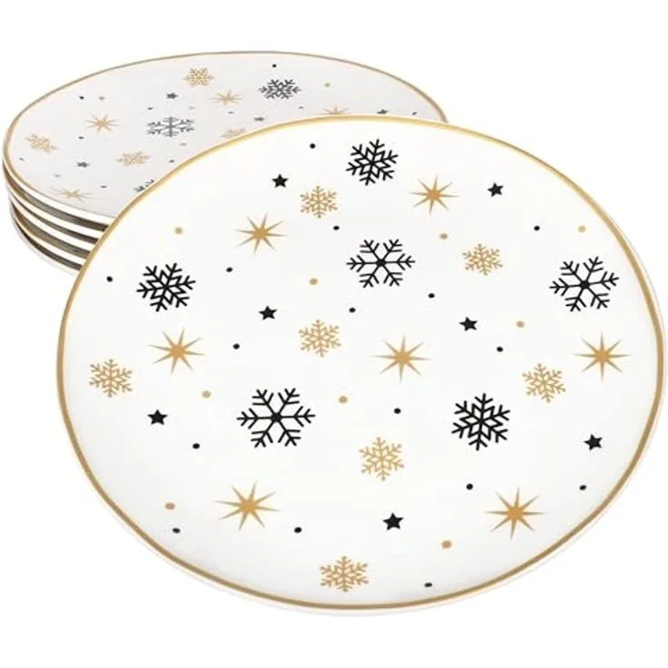 MamboCat Speiseteller 6x Stars schwarz & gold Speiseteller Steingut 6 Personen Essteller, Weihnachtsgeschirr, Weihnachten, Weihnachtsset, Geschirr
