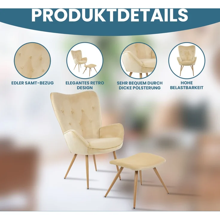 Albatros Ohrensessel mit Hocker YORK, Samt Bezug, bequem gepolstert, Fernsehsessel, Polstersessel, Farbe Ohrensessel:Beige – Bild 2
