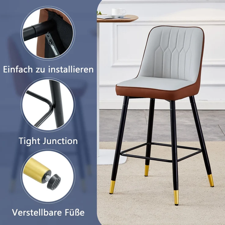 2er-Set Barhocker, 100 cm hoch, aus hellgrauem/braunem PU-Leder in Kombination mit schwarzem Metallgestell und bequemer Fußraste, Die ideale Wahl für Ihre Hausbar.--Braun+Schwarz, Hellgrau--42x45x100cm--YOUDENOVA – Bild 5