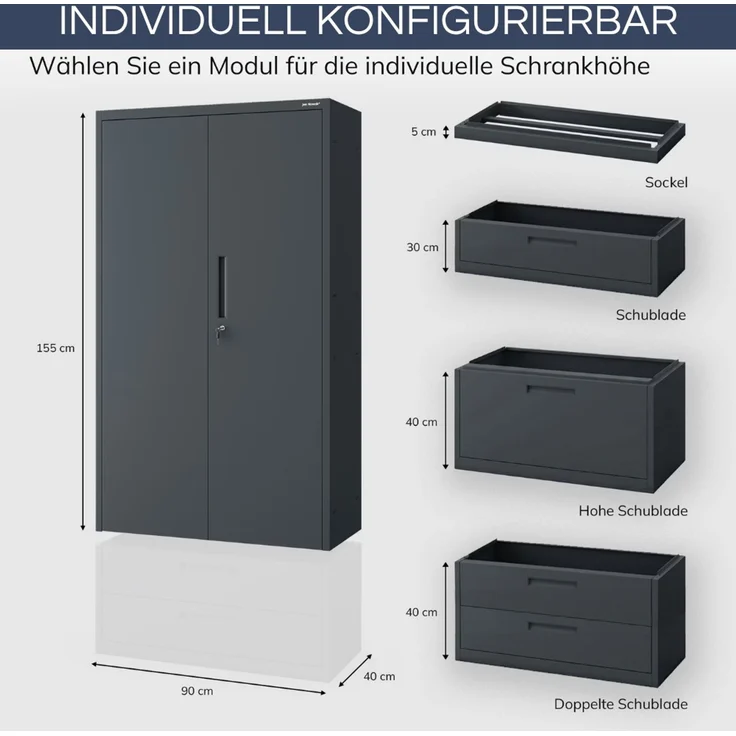 Metallschrank mit Einzel-Schublade RUEL - 195x90x40cm Anthrazit | Büroschrank Aktenschrank Stahlschrank Fachbodenschrank Werkstattschrank – Bild 2