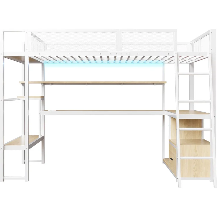 Hochbett mit Eckschreibtisch, LED-Streifen, PC-Ständer, Steckdose, USB, Rausfallschutz, Regal, Schrank, 140x200cm, Kinderbett, Jugendbett, Metallbett – Bild 6